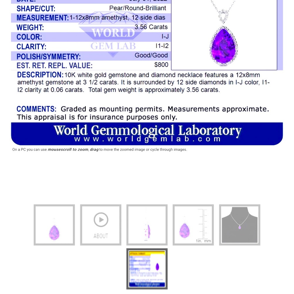3.7 carat Pear shaped Amethyst with diamonds pendant. New with certificate.